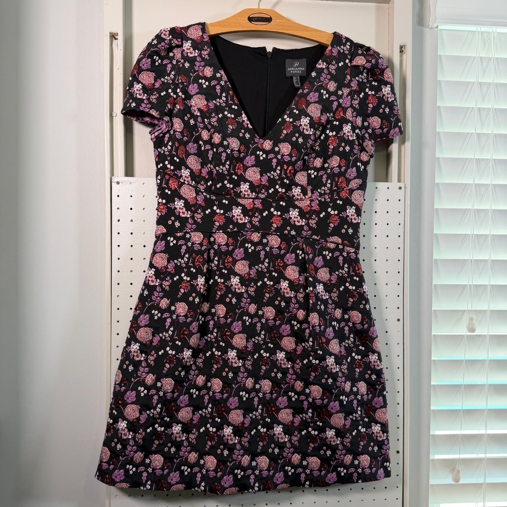 Adrianna Papell Ditsy Floral A-Line Dress Women's Black Short Sleeve Zipper - 12